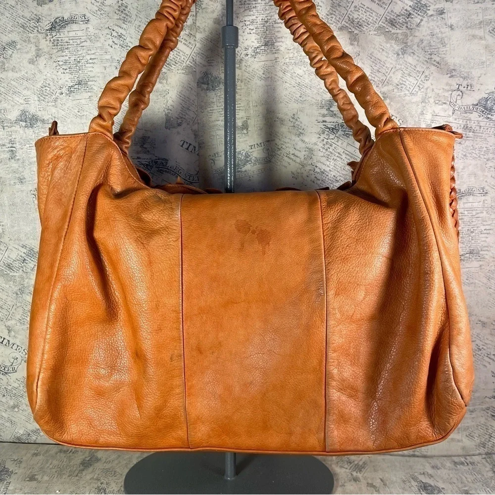 Caterina Lucchi Made in Italy Orange Calf Leather Ruffle Shoulder Tote Designer